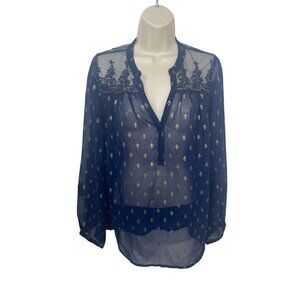 BILA Made In India Women's Size Medium Navy Blue Sheer Embellished Blouse